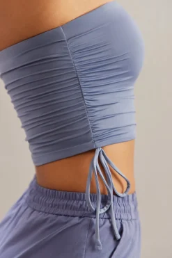 Oh Polly Tops^Ruched Bandeau Crop Top in Blue