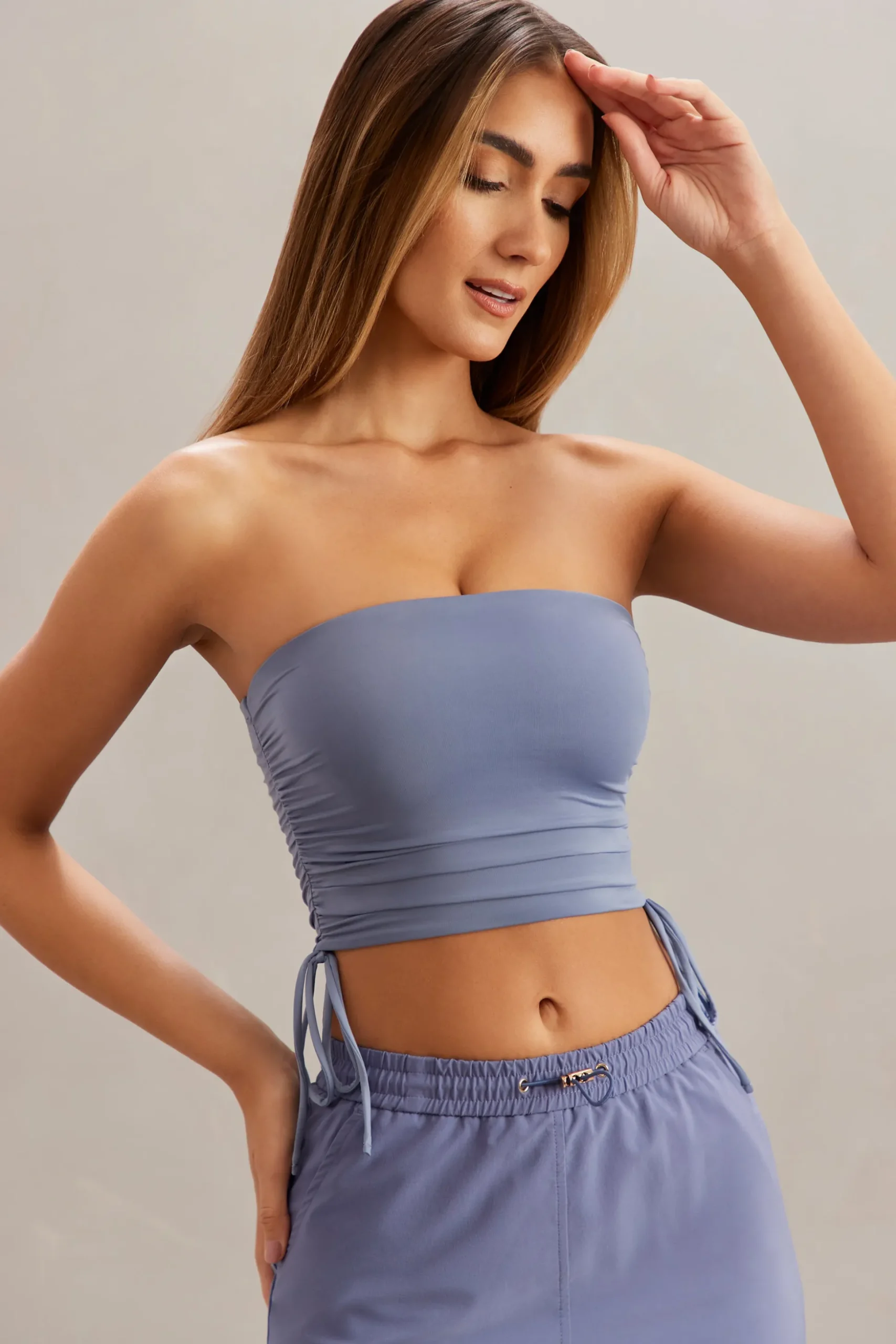 Oh Polly Tops^Ruched Bandeau Crop Top in Blue