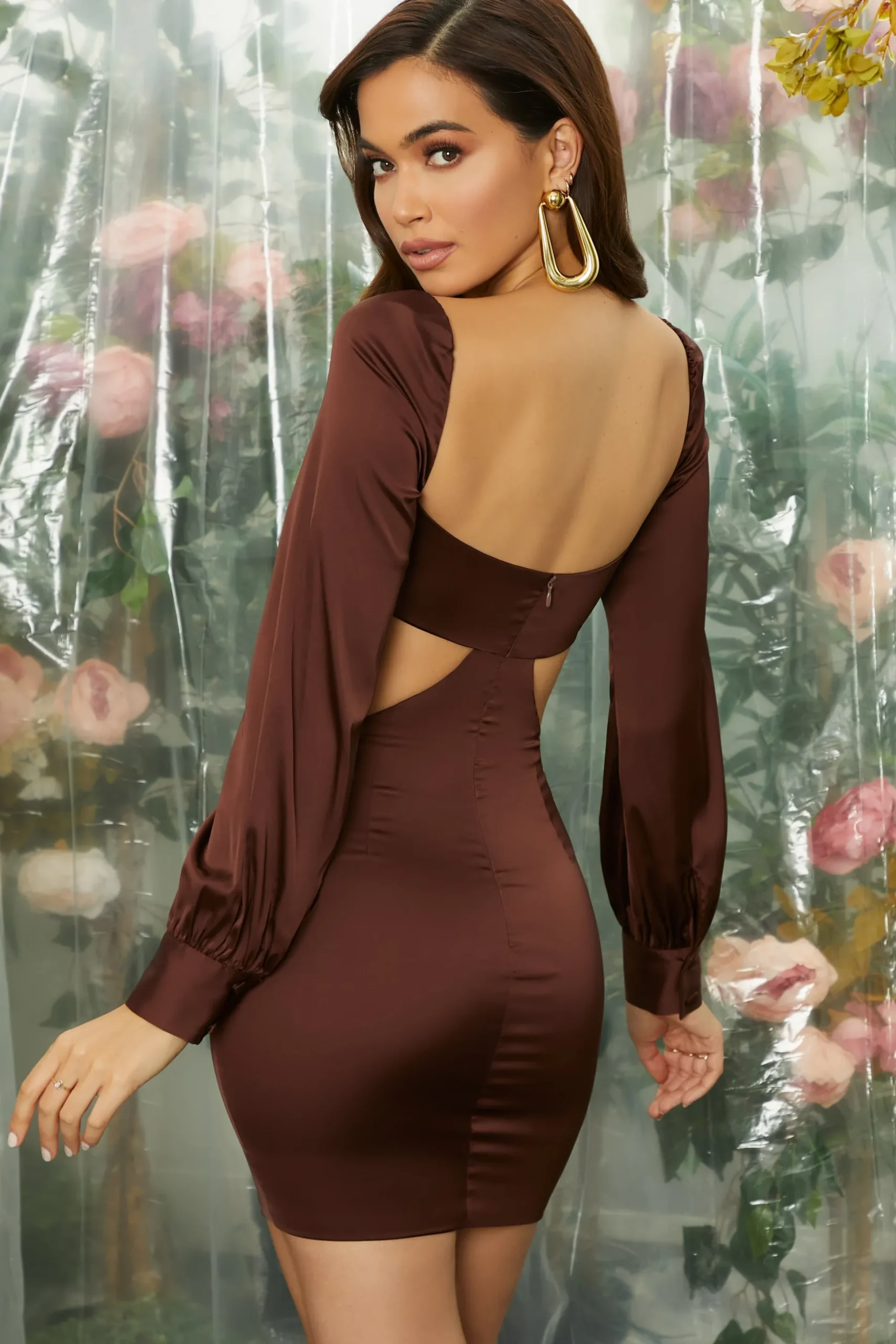 Oh Polly Women'S Clothing Sale - $65 And Under | Women'S Clothing Sale - $40 And Under^Ruched Bust Cut Out Long Sleeve Mini Dress in Brown
