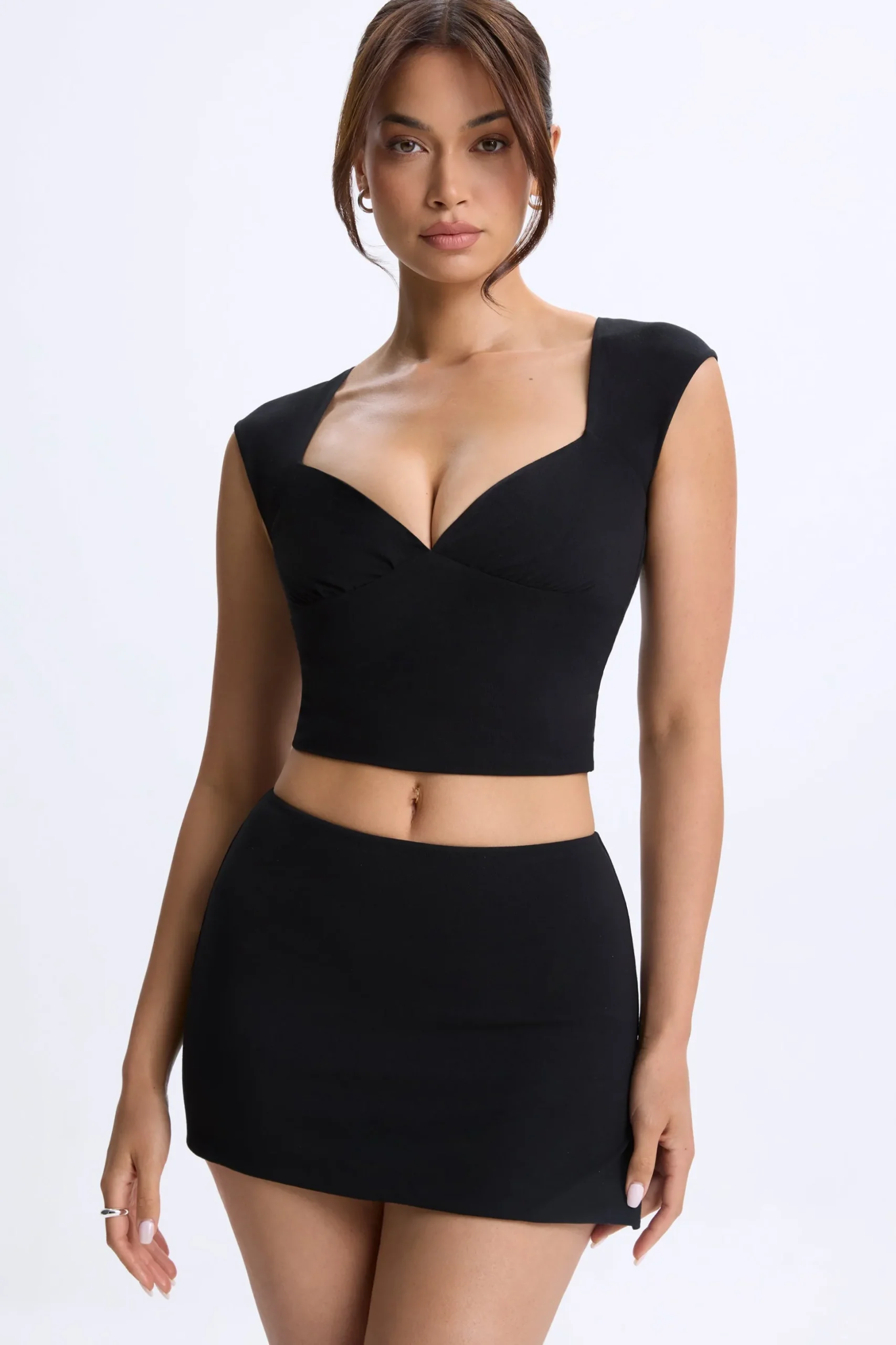 Oh Polly Co-Ords | Tops^Ruched Cap-Sleeve Top in Black