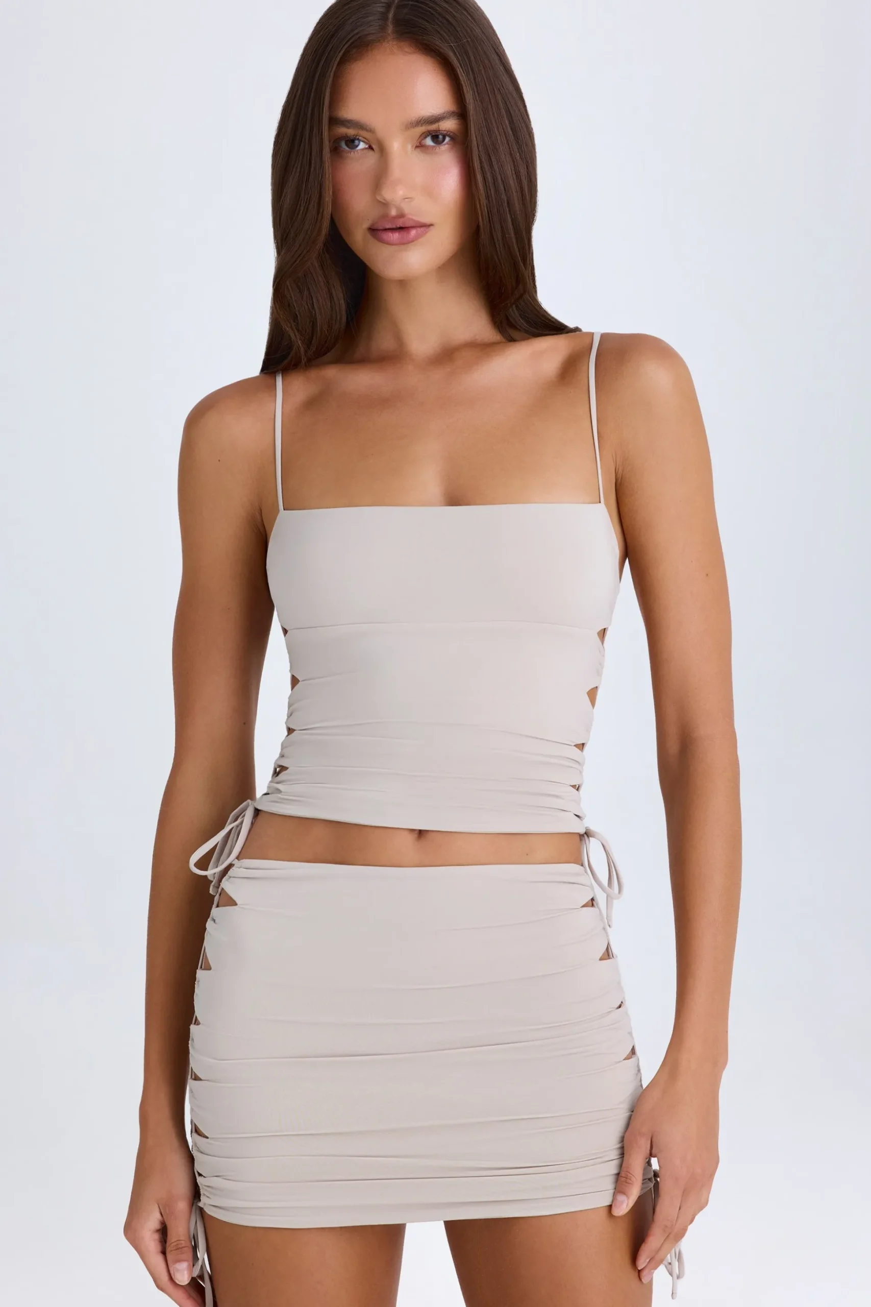 Oh Polly Night Out^Ruched Cut-Out Mini Skirt in Taupe