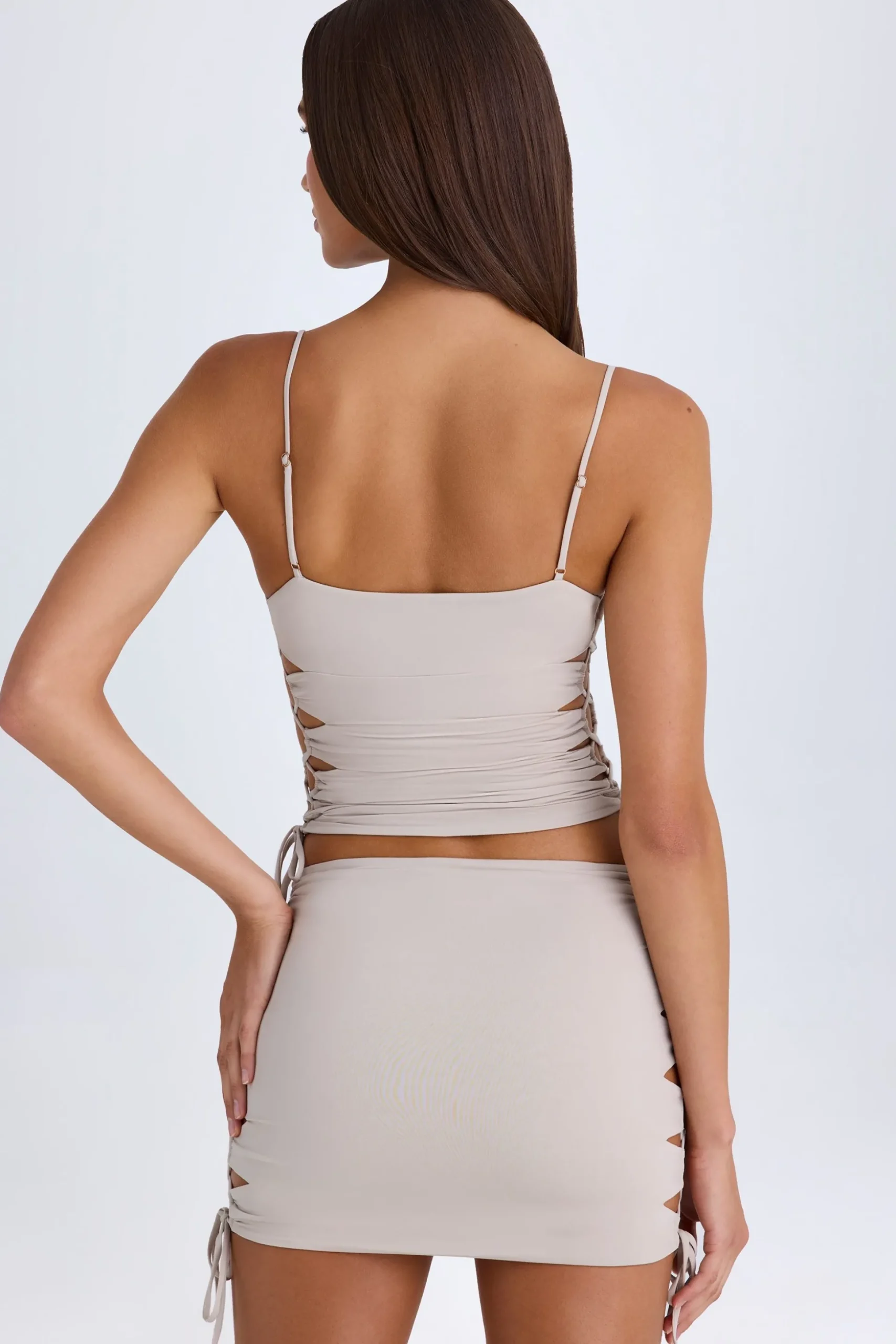 Oh Polly Night Out^Ruched Cut-Out Mini Skirt in Taupe