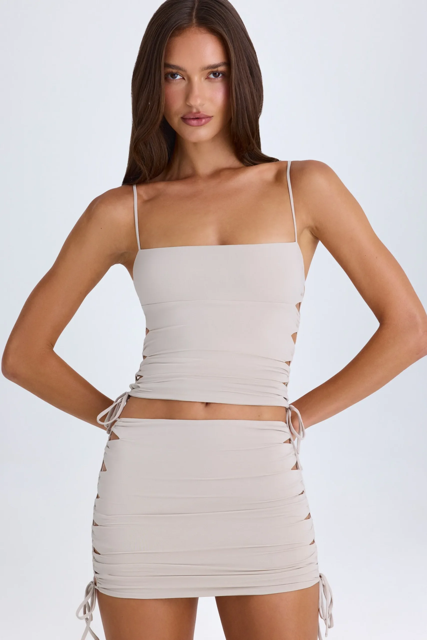 Oh Polly Night Out^Ruched Cut-Out Mini Skirt in Taupe