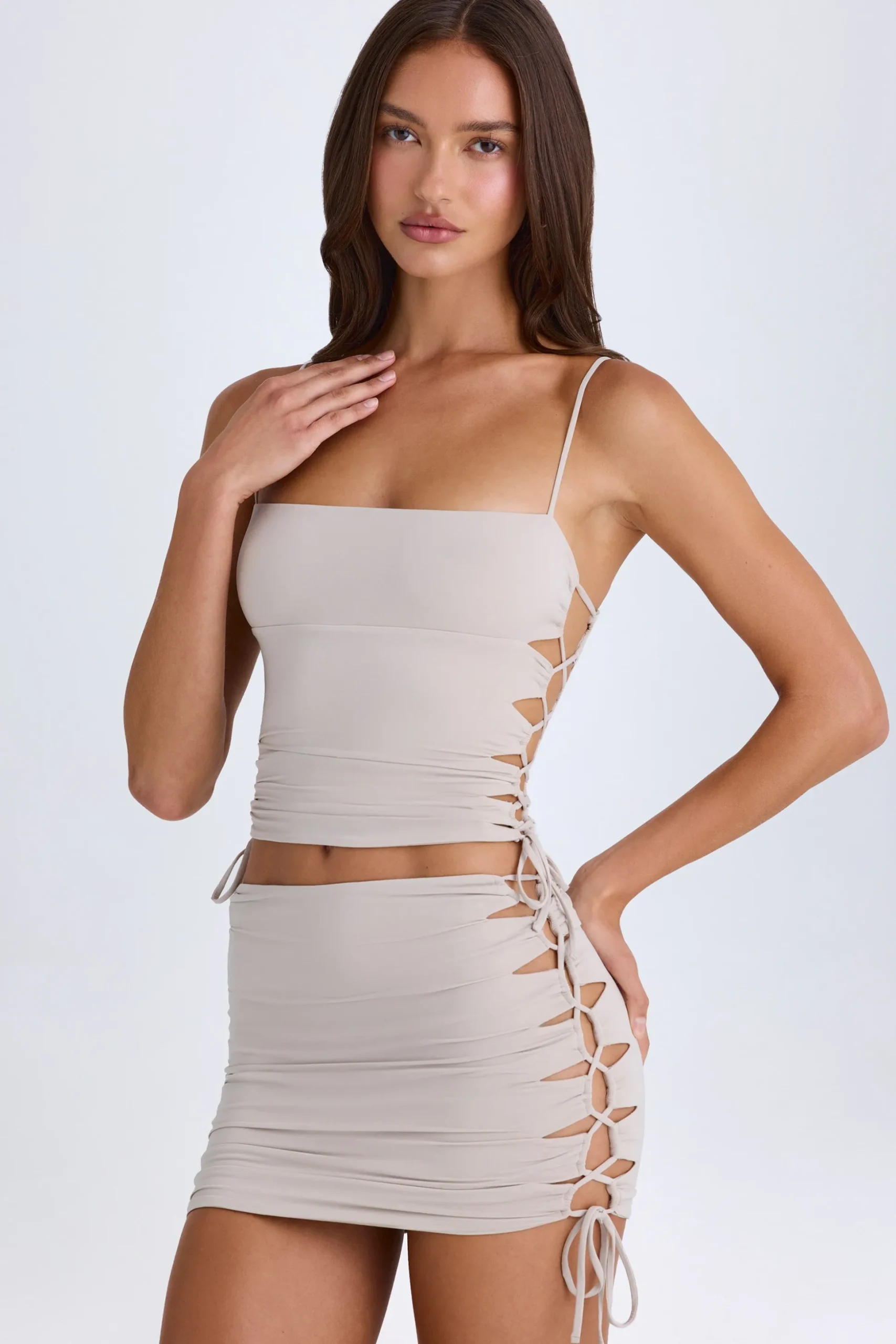 Oh Polly Night Out^Ruched Cut-Out Mini Skirt in Taupe