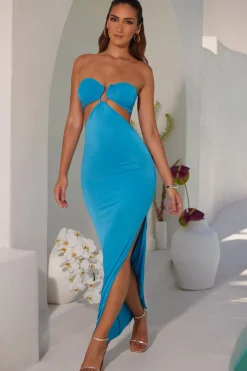 Oh Polly Tencel™ Modal Dresses^Ruched Hardware Detail Bandeau Floor Length Dress in Blue