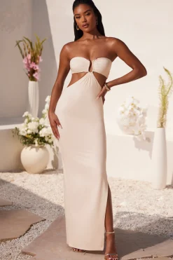 Oh Polly Tencel™ Modal Dresses^Ruched Hardware Detail Bandeau Floor Length Dress in Ivory