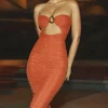 Oh Polly Mesh Dresses^Ruched Hardware Detail Strapless Midaxi Dress in Burnt Orange BurntOrange