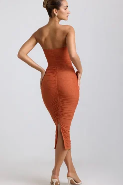 Oh Polly Mesh Dresses^Ruched Hardware Detail Strapless Midaxi Dress in Burnt Orange BurntOrange
