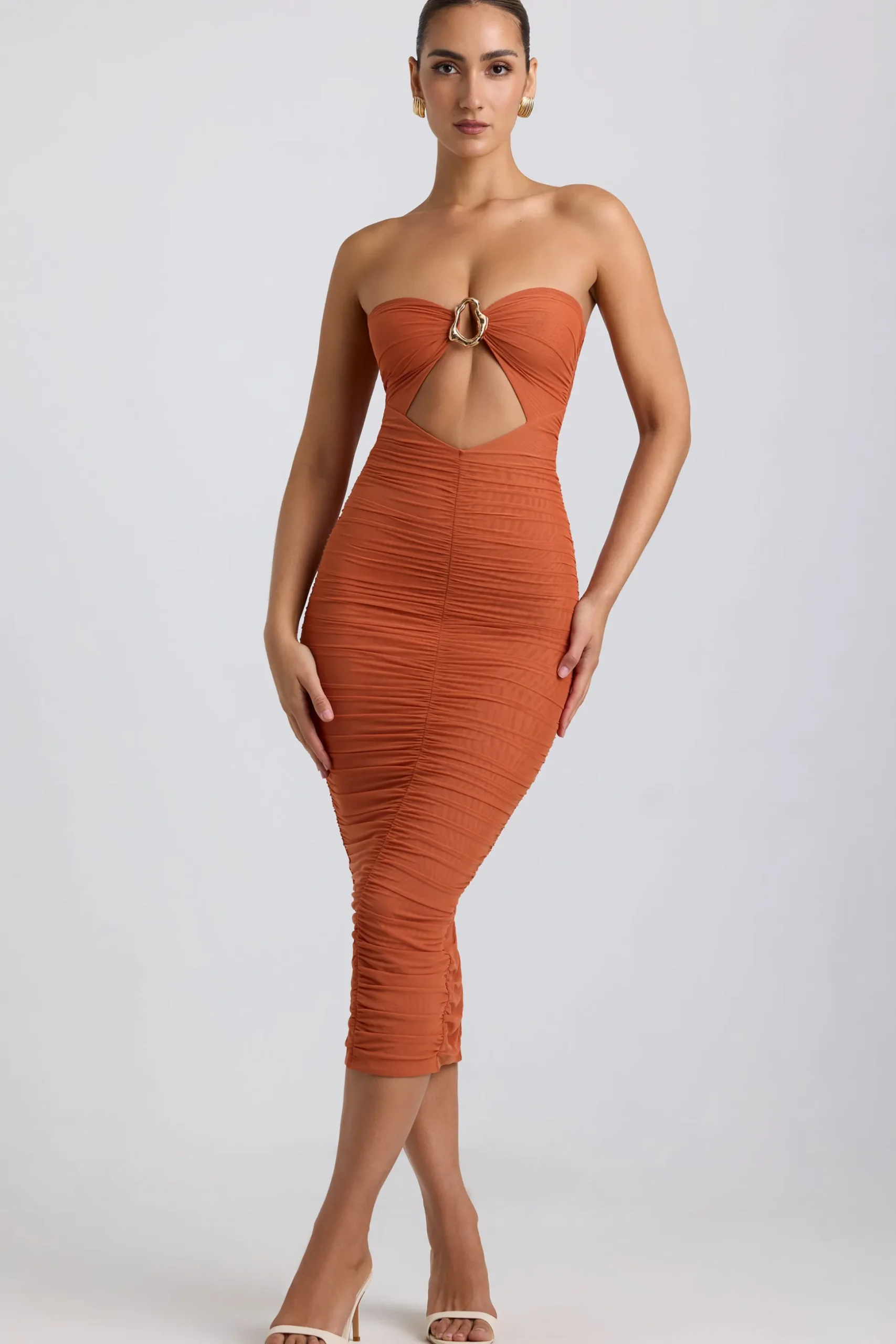 Oh Polly Mesh Dresses^Ruched Hardware Detail Strapless Midaxi Dress in Burnt Orange BurntOrange