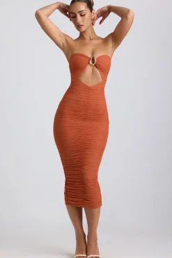 Oh Polly Mesh Dresses^Ruched Hardware Detail Strapless Midaxi Dress in Burnt Orange BurntOrange