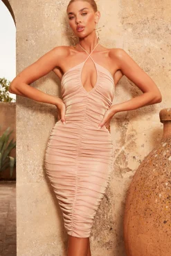 Oh Polly Night Out^Ruched Keyhole Midi Dress in Rose Gold RoseGold