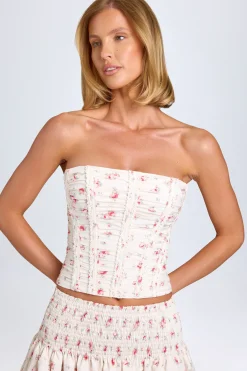 Oh Polly Tops^Ruched Lace-Up Corset Top in Small Rose Print SmallRosePrint