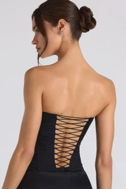 Oh Polly Co-Ords | Tops^Ruched Lace-Up Strapless Corset Top in Black
