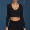 Oh Polly Knitwear | Tops^Ruched Long-Sleeve Crop Top in Black