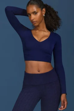 Oh Polly Knitwear | Tops^Ruched Long-Sleeve Crop Top in Navy