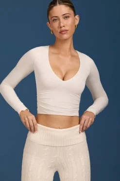 Oh Polly Knitwear | Tops^Ruched Long-Sleeve Crop Top in Cream