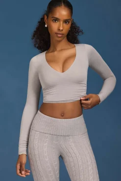 Oh Polly Knitwear | Tops^Ruched Long-Sleeve Crop Top in Grey
