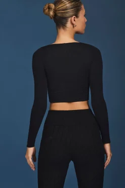 Oh Polly Knitwear | Tops^Ruched Long-Sleeve Crop Top in Black