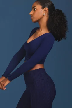 Oh Polly Knitwear | Tops^Ruched Long-Sleeve Crop Top in Navy