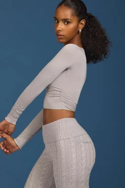 Oh Polly Knitwear | Tops^Ruched Long-Sleeve Crop Top in Grey