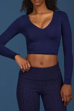 Oh Polly Knitwear | Tops^Ruched Long-Sleeve Crop Top in Navy