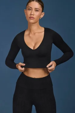 Oh Polly Knitwear | Tops^Ruched Long-Sleeve Crop Top in Black