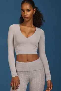 Oh Polly Knitwear | Tops^Ruched Long-Sleeve Crop Top in Grey
