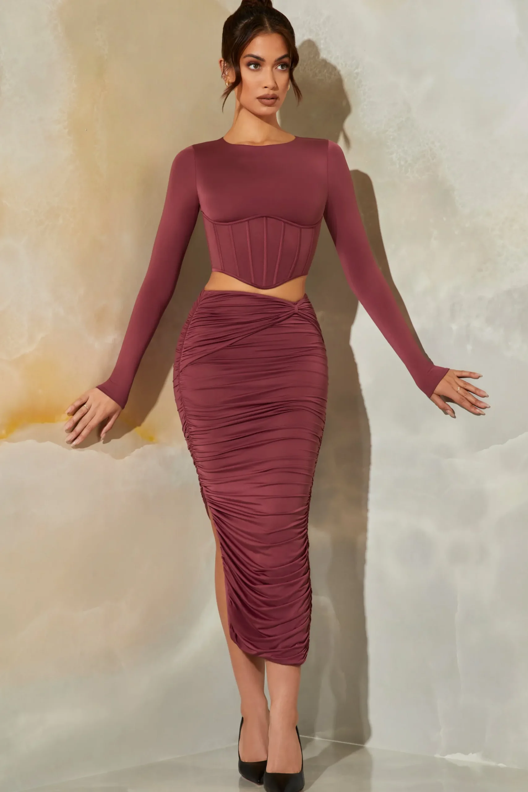 Oh Polly Women'S Clothing Sale - $65 And Under | Women'S Clothing Sale - $40 And Under^Ruched Maxi Skirt in Dark Mauve DarkMauve