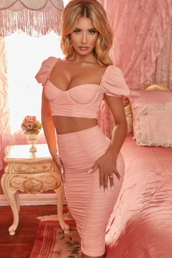 Oh Polly Women'S Clothing Sale - $65 And Under | Women'S Clothing Sale - $40 And Under^Ruched Mesh Bodycon Midi Skirt in Peach
