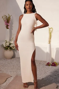 Oh Polly Bride To Be | Mesh Dresses^Ruched Open Back Ruffle Evening Gown in Ivory