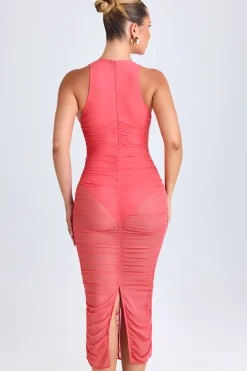 Oh Polly Night Out | Mesh Dresses^Ruched Plunge Midaxi Dress in Coral