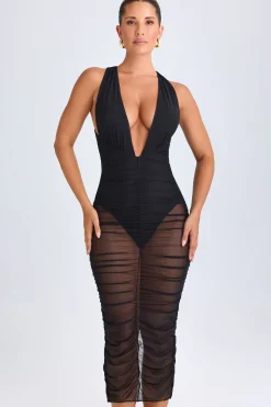Oh Polly Night Out | Mesh Dresses^Ruched Plunge Midaxi Dress in Black