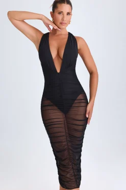 Oh Polly Night Out | Mesh Dresses^Ruched Plunge Midaxi Dress in Black