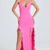 Oh Polly Wedding Guest^Ruched Ruffle-Trim Maxi Dress in Lollipop Pink LollipopPink
