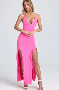 Oh Polly Wedding Guest^Ruched Ruffle-Trim Maxi Dress in Lollipop Pink LollipopPink