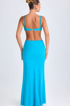 Oh Polly Mesh Dresses^Ruffle-Appliqué Cut-Out Maxi Dress in Aqua Blue AquaBlue