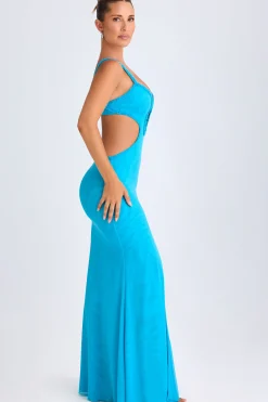 Oh Polly Mesh Dresses^Ruffle-Appliqué Cut-Out Maxi Dress in Aqua Blue AquaBlue