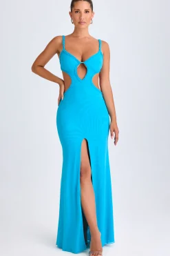 Oh Polly Mesh Dresses^Ruffle-Appliqué Cut-Out Maxi Dress in Aqua Blue AquaBlue