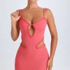 Oh Polly Mesh Dresses^Ruffle-Appliqué Cut-Out Mini Dress in Coral