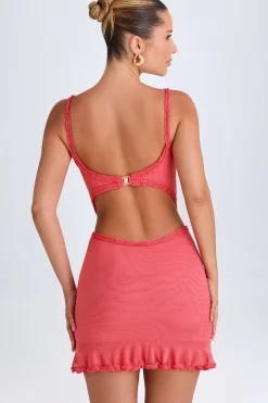 Oh Polly Mesh Dresses^Ruffle-Appliqué Cut-Out Mini Dress in Coral