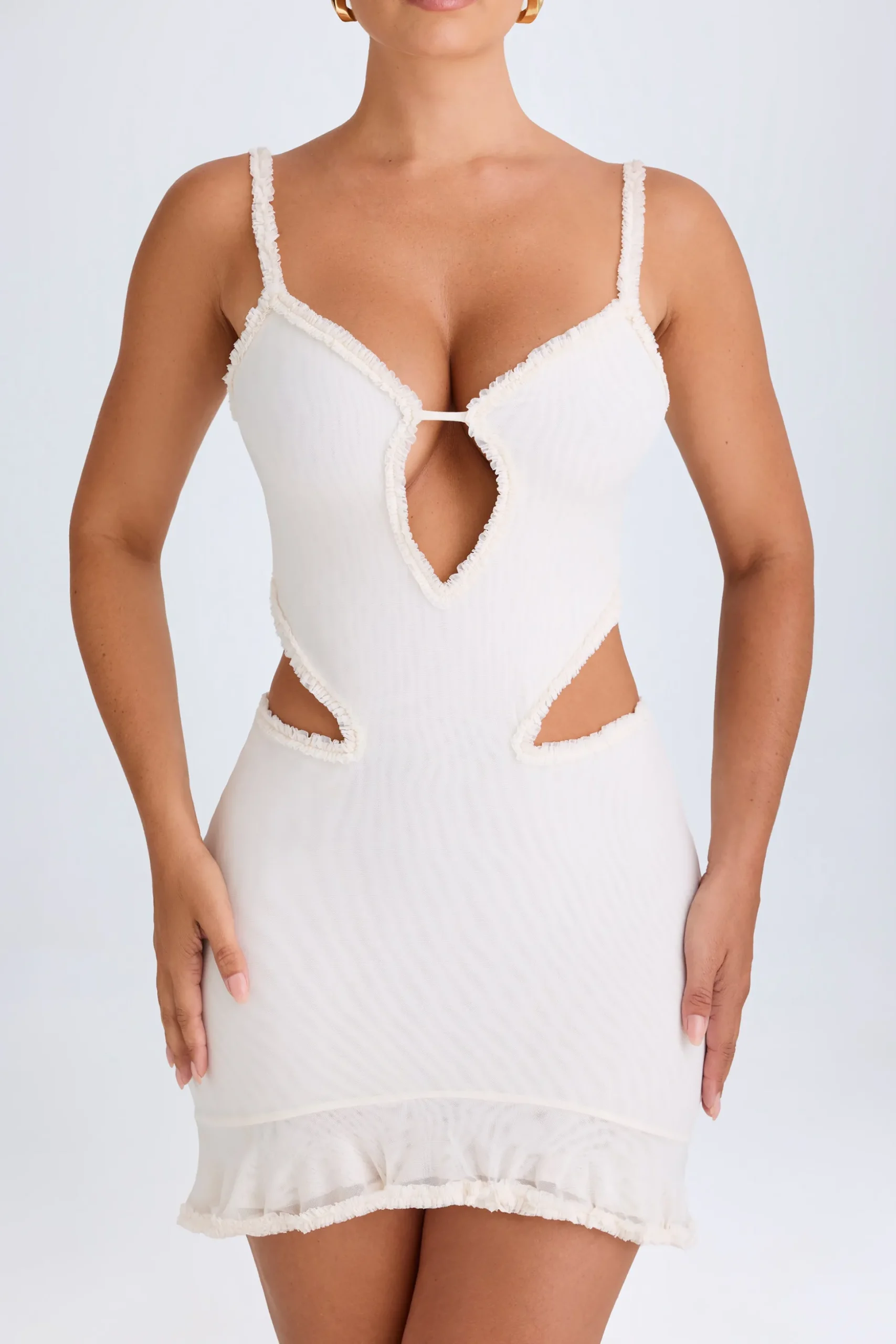 Oh Polly Mesh Dresses^Ruffle-Appliqué Cut-Out Mini Dress in White