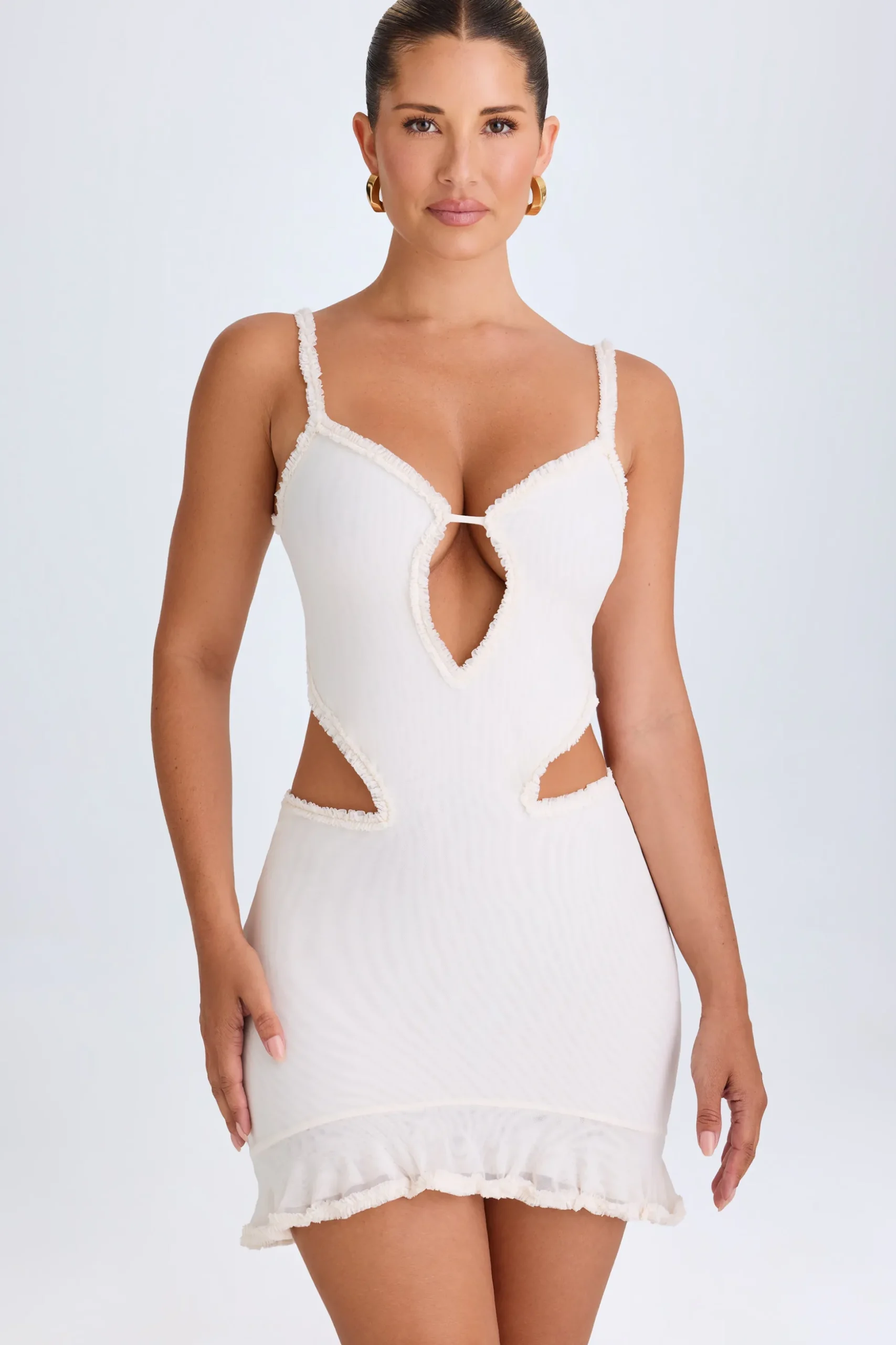 Oh Polly Mesh Dresses^Ruffle-Appliqué Cut-Out Mini Dress in White
