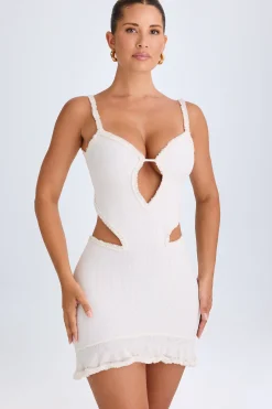 Oh Polly Mesh Dresses^Ruffle-Appliqué Cut-Out Mini Dress in White