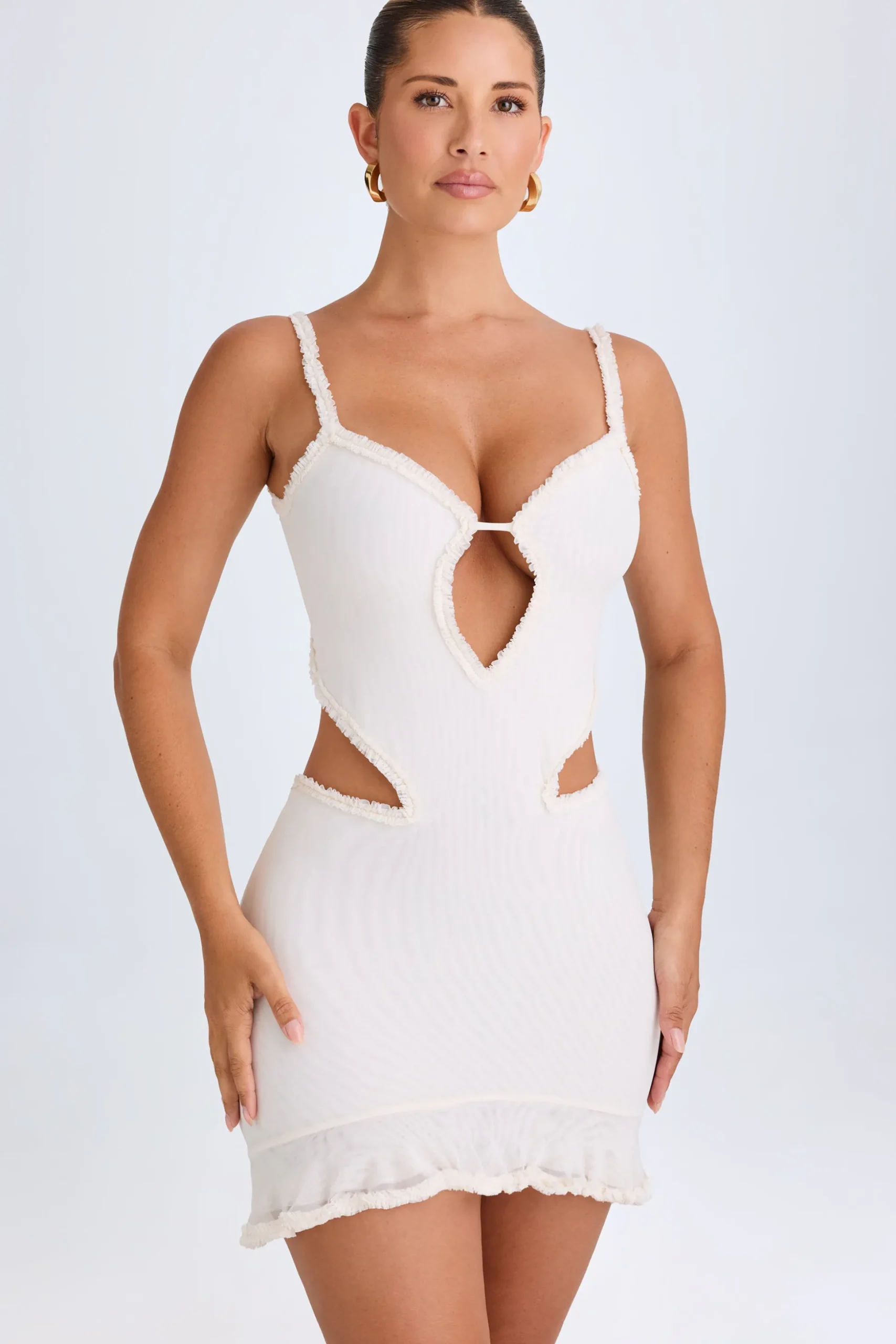 Oh Polly Mesh Dresses^Ruffle-Appliqué Cut-Out Mini Dress in White