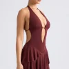 Oh Polly Night Out^Ruffled Cut-Out Halterneck Mini Dress in Chestnut Brown ChestnutBrown