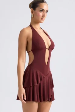Oh Polly Night Out^Ruffled Cut-Out Halterneck Mini Dress in Chestnut Brown ChestnutBrown