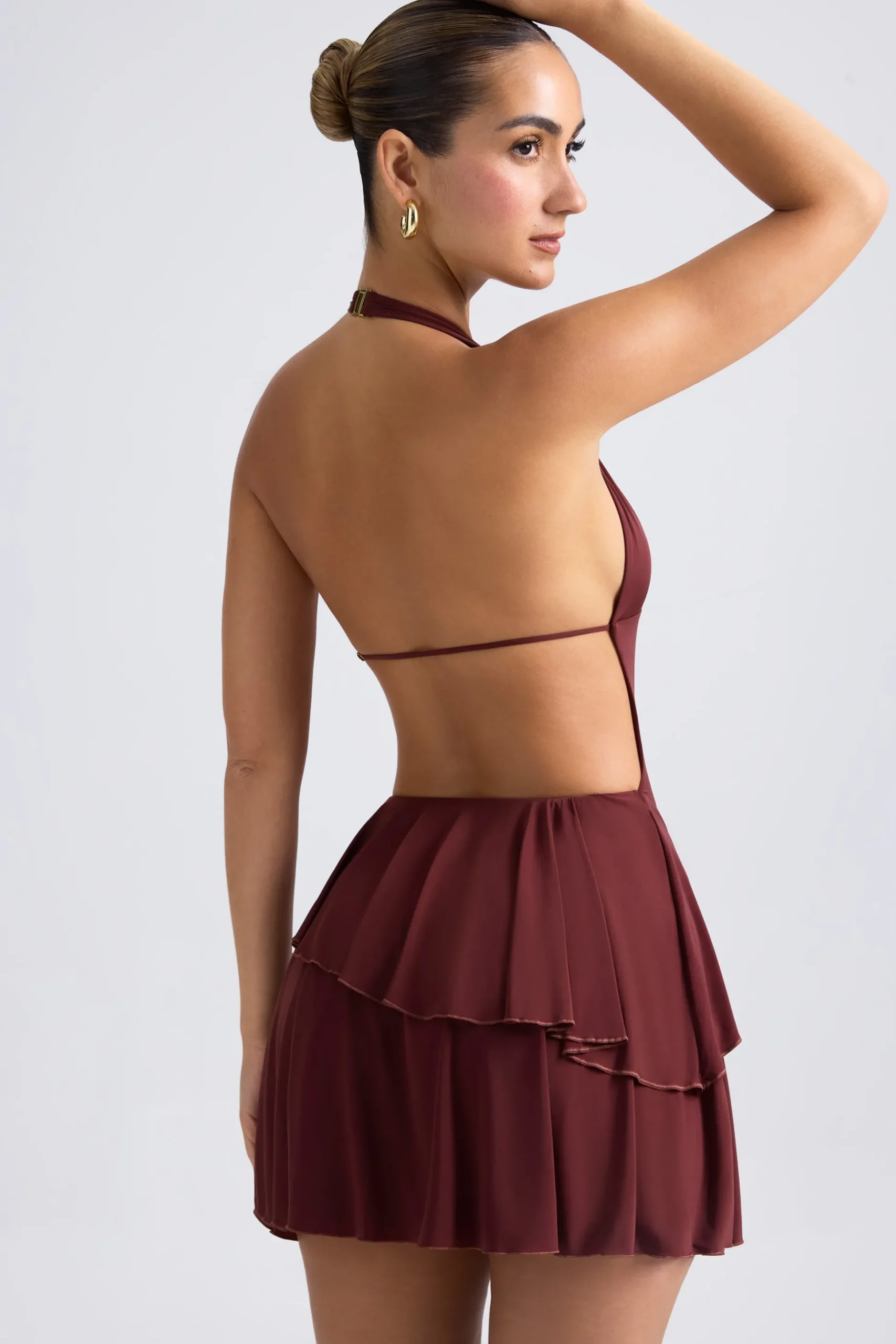 Oh Polly Night Out^Ruffled Cut-Out Halterneck Mini Dress in Chestnut Brown ChestnutBrown