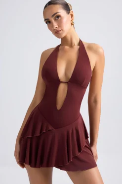 Oh Polly Night Out^Ruffled Cut-Out Halterneck Mini Dress in Chestnut Brown ChestnutBrown