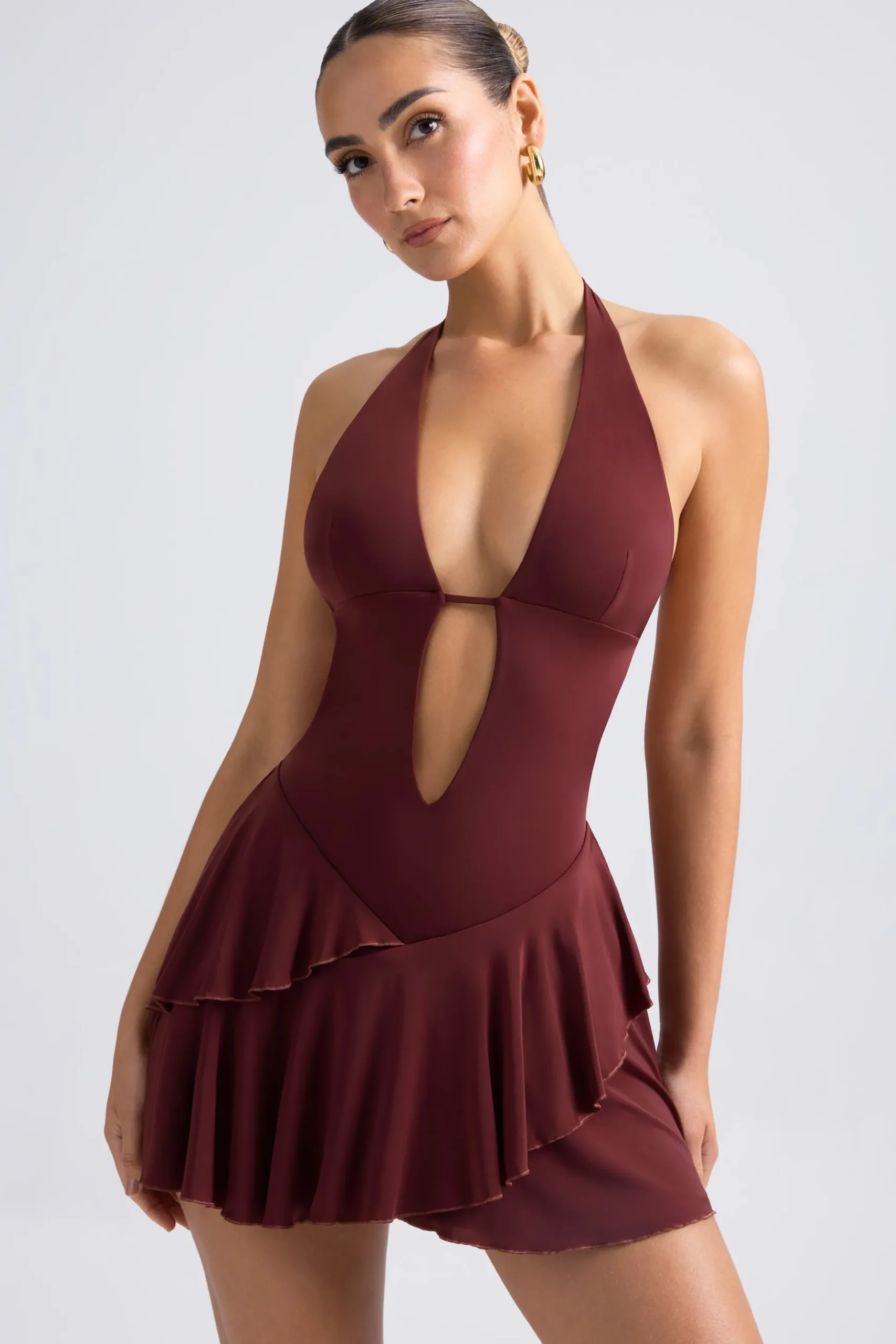 Oh Polly Night Out^Ruffled Cut-Out Halterneck Mini Dress in Chestnut Brown ChestnutBrown
