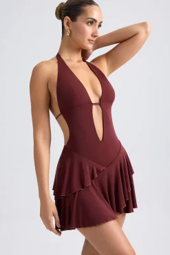 Oh Polly Night Out^Ruffled Cut-Out Halterneck Mini Dress in Chestnut Brown ChestnutBrown